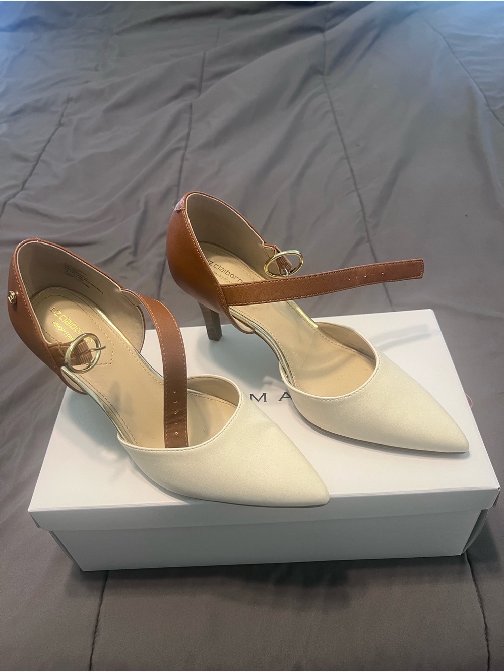 Two-Tone White and Brown Pointed-Toe Mary Jane Heels